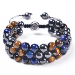 Detailed macro view of triple-row woven bracelet with tiger eye and hematite beads
