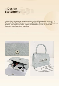 Detailed view of silver glitter evening bag with rhinestone bow and metal handle