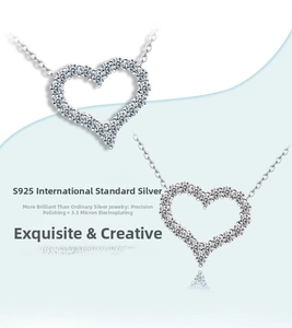 Macro shot of S925 sterling silver heart pendant necklace with 3.5 micron plating