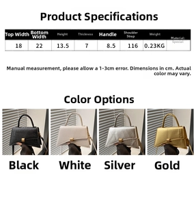 Detail guide of faux crocodile shoulder bag with dimensions for black, white, silver, and gold