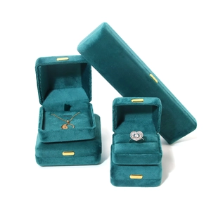 Elegant emerald green velvet jewelry gift box set with golden buckles for necklaces and rings