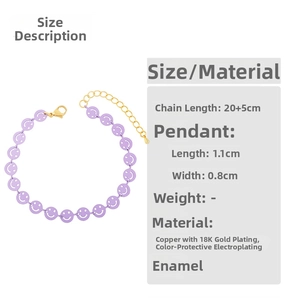 Detailed size chart for purple smiley face bracelet with 18K gold plated copper chain