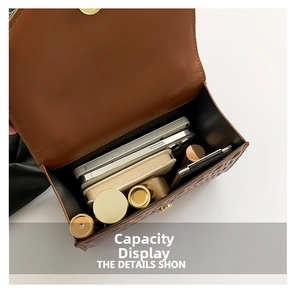 Internal view of brown quilted tote bag showing large capacity and daily essentials