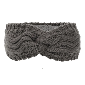 Macro shot of dark grey fleece-lined knitted headband with thick cable twist pattern