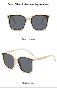 Vues détaillées des lunettes de soleil crème surdimensionnées avec verres gris et rivets