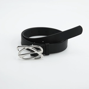 Classic black leather belt for women with silver metal buckle on white background