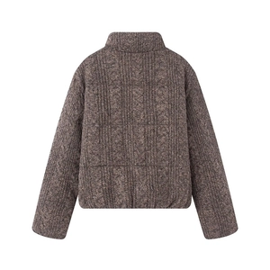 Detail view of the knitted texture and high collar on the back of a brown winter jacket