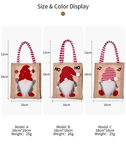 Size chart showing dimensions and weight for Christmas burlap gift bags with gnome patterns