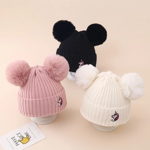 Kids Knitted Beanie Hat Acrylic Double Pom Poms Unicorn Embroidery Ribbed Warm Winter Outdoor Girls Boys Infants