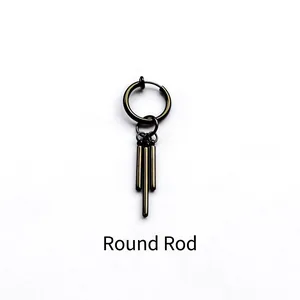 Detail of matte black titanium steel clip-on earrings with vertical round rod pendants