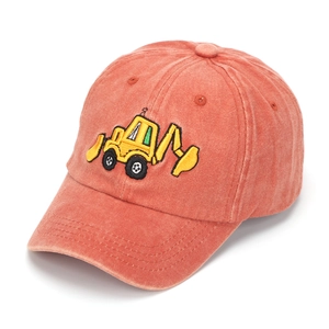 Close-up of kids washed cotton baseball cap with yellow excavator embroidery detail