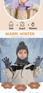 Detailed knit texture of children's winter warm set including hat, scarf, and gloves
