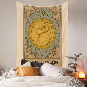 Bohemian Tarot tapestry with golden cat in full moon for cozy bedroom wall decor