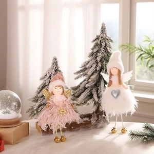 Mini plush Christmas angel ornaments with feather skirts and bells for tree decor