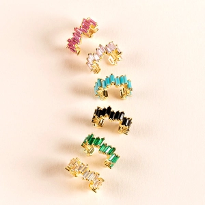 Fashionable 18k gold ear cuffs set with colorful baguette-cut cubic zirconia crystals