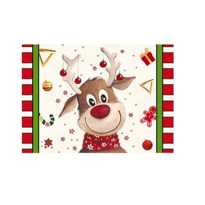 Christmas reindeer placemat with linen texture and holiday gingerbread patterns