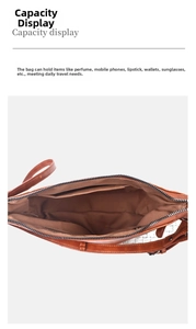 Interior view of brown leather bag showing main compartment, zipper pocket, and card slots