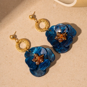 Boucles D'oreilles Pendantes Fleurs En Résine Bleue Avec Tige En Argent Sterling 925 Alliage Anneau Doré Élégant Femme