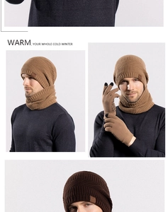 Three-piece winter set with ribbed knit hat, neck warmer, and non-slip gloves in khaki