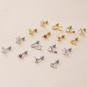 Mix of gold and silver heart butterfly stud earrings with colorful zircon stones