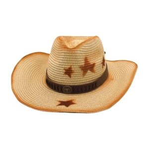 Cappello da cowboy vintage in paglia con logo in metallo a testa di toro e stelle