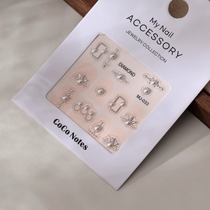 3D nail art stickers with pearls and silver metallic star designs, model MJ-033