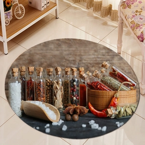 Detailed realistic spices print on round absorbent flannel mat for kitchen and home