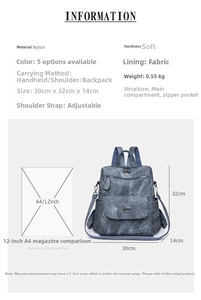 Größenvergleich der grauen Nylon-Rucksackmaße und Kapazität mit einem A4-Magazin