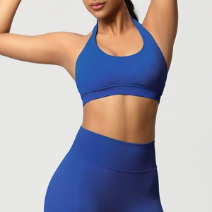 Détails de la brassière de sport licou bleue sans couture et du legging de yoga à taille haute