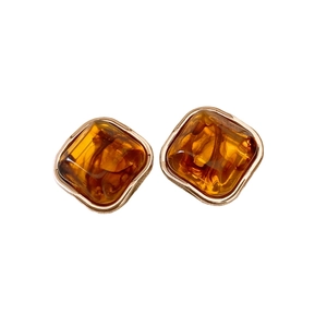 Minimalist square resin earrings with amber marble texture and golden metal frame