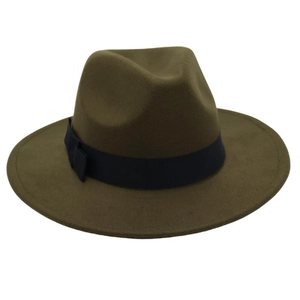 Detail of olive green wool fedora hat featuring a black grosgrain ribbon and side bow