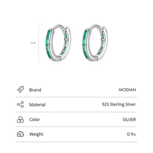 Elegant 925 sterling silver hoop earrings featuring emerald green rectangular zircon stones