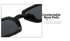 Detail view of the comfortable integrated nose pads on black square frame sunglasses