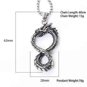 Vintage silver Viking infinity dragon pendant necklace in stainless steel, 62mm by 28mm