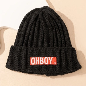 Acrylic Knit Beanie Hat For Men And Women Thick Ribbed Warm Winter Cap With Letter Embroidery Patch Streetwear Style Black