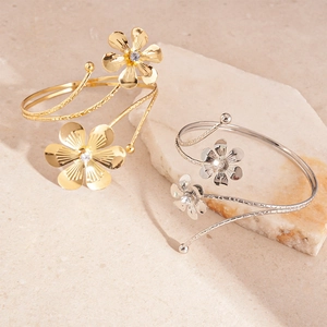 Metallic flower open cuff bracelets with rhinestones in gold and silver set