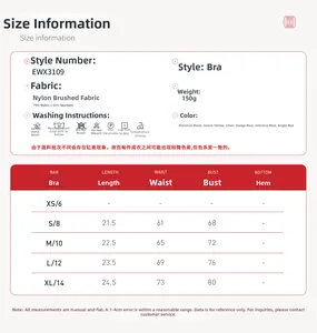 Detailed size chart for women's yoga bra showing measurements and fabric composition