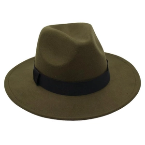 Detail of olive green wool fedora hat featuring a classic black grosgrain ribbon band