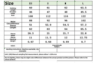 Size chart for houndstooth jacket with detailed measurements for XS, S, M and L sizes