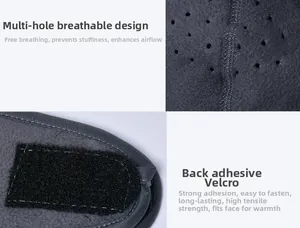 Detail of fleece face mask featuring breathable air vents and adjustable velcro strap