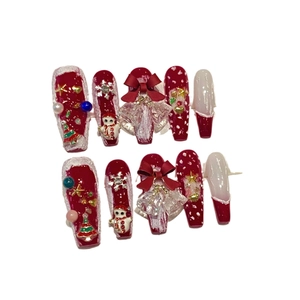 Handmade Christmas press-on nails set with 3D snowman, red bows and pearl chains