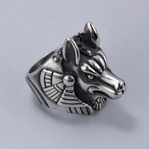 Macro shot of Anubis wolf god ring in antique silver stainless steel with detailed carvings