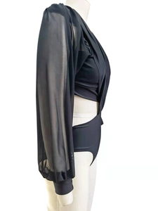Detail of sexy cutout one-piece swimsuit with halter neck and sheer mesh long sleeves
