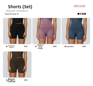 Dettaglio degli shorts da yoga arricciati a vita alta nei colori nero, viola, blu e marrone
