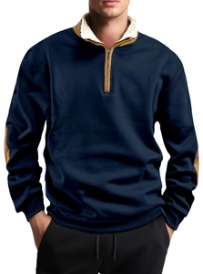 Detail view of navy blue sweatshirt featuring khaki patches and white fleece lined collar