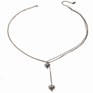 Minimalist silver double heart pendant necklace with Y-shaped polished titanium steel chain
