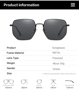 Detailed size specifications for metal polarized sunglasses including frame and lens dimensions