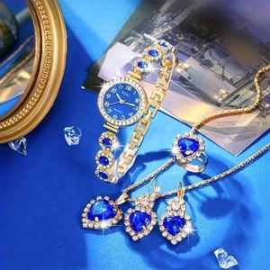 Luxury gold quartz watch set with blue chalcedony heart necklace and matching ring