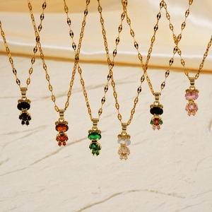 Minimalist gold-plated teddy bear crystal pendant necklaces in various colors