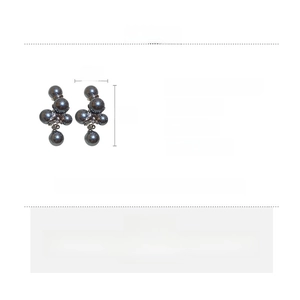 Detailed spec sheet showing grey imitation pearl earrings with 5x2cm dimensions and alloy material